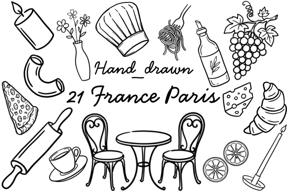 Download 21 Hand-Drawn France Paris Food Icons - France Collection